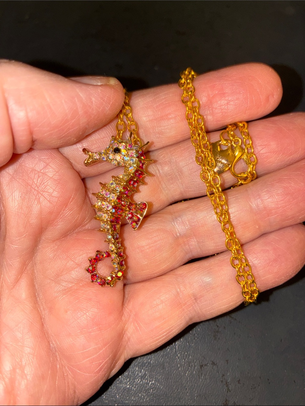 Seahorse Pendant/Brooch pNecklace with Red and Clear Stones
